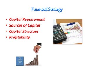 Financial Strategy
• Capital Requirement
• Sources of Capital
• Capital Structure
• Profitability
 