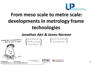 From meso scale to metre scale:
developments in metrology frame
technologies
Jonathan Abir & James Norman
Jonathan Abir
j.h.abir@cranfield.ac.uk
James Norman
j.p.norman@cranfield.ac.uk
1
Paul Morantz
Stefano Longo
Paul Shore
Xavier Tonnellier
Paul Morantz
Future Challenges of Instrumentation and Control in Ultra Precision Manufacturing - 18 May 2016 at Renishaw plc. Organised by the EPSRC Centre for Innovative Manufacturing in Ultra Precision, Cranfield University.
 