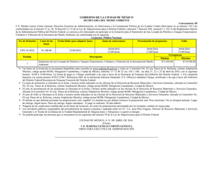 GOBIERNO DE LA CIUDAD DE MÉXICO
SECRETARÍA DEL MEDIO AMBIENTE
Convocatoria: 09
C.P. Martha Leticia Cortés Genesta, Directora Ejecutiva de Administración, en observancia a la Constitución Política de los Estados Unidos Mexicanos en su artículo 134 y de
conformidad con el artículo 27 a), 28, 30 fracción I y 32 de la Ley de Adquisiciones para el Distrito Federal y artículos 7 fracción XIII, numeral 5 y 101-G del Reglamento Interior
de la Administración Pública del Distrito Federal, se convoca a los interesados en participar en la licitación para el Suministro de Gas Licuado de Petróleo a Tanques Estacionarios,
Cilindros y Vehículos de la Secretaria del Medio Ambiente, de conformidad con lo siguiente:
Licitación Pública Nacional
No. de licitación Costo de las
bases
Fecha límite para adquirir bases Junta de aclaraciones Presentación de propuestas Fallo
LPN-10-2016 $1,100.00 25/04/2016
26/04/2016
12:00 horas
28/04/2016
13:00 horas
29/04/2016
13:00 horas
Partida Descripción
Presupuesto
Mínimo Máximo
1
Suministro de Gas Licuado de Petróleo a Tanques Estacionarios, Cilindros y Vehículos de la Secretaria del Medio
Ambiente
$71,050.00 $710,500.00
 Las bases de la licitación se encuentran disponibles para consulta en www.sedema.df.gob.mx y venta en: Comonfort No. 83 esq. Paseo de la Reforma, colonia Ampliación
Morelos, código postal 06200, Delegación Cuauhtémoc, Ciudad de México, teléfono: 57 72 40 22 ext. 105 y 106, los días 21, 22 y 25 de abril de 2016; con el siguiente
horario: 10:00 a 14:00 horas. La forma de pago es: Cheque certificado o de caja a favor de la Secretaría de Finanzas del Gobierno del Distrito Federal y Vía ventanilla
bancaria a la cuenta número 65501123467 Referencia 2601 de la Institución bancaria Santander, S.A. (México) mediante Cheque certificado o de caja a favor del Gobierno
del Distrito Federal/Secretaría de Finanzas/Tesorería del Distrito Federal.
 La junta de aclaración se efectuará en la fecha y horario arriba indicados en las oficinas de la Dirección de Recursos Materiales y Servicios Generales, ubicada en Comonfort
No. 83 esq. Paseo de la Reforma, colonia Ampliación Morelos, código postal 06200, Delegación Cuauhtémoc, Ciudad de México.
 El acto de presentación de las propuestas se efectuará en la fecha y horario arriba indicados en las oficinas de la Dirección de Recursos Materiales y Servicios Generales,
ubicada en Comonfort No. 83 esq. Paseo de la Reforma, colonia Ampliación Morelos, código postal 06200, Delegación Cuauhtémoc, Ciudad de México.
 El acto de Fallo se efectuará en la fecha y horario arriba indicados en las oficinas de la Dirección de Recursos Materiales y Servicios Generales, ubicada en Comonfort No.
83 esq. Paseo de la Reforma, colonia Ampliación Morelos, código postal 06200, Delegación Cuauhtémoc, Ciudad de México.
 El idioma en que deberán presentar las proposiciones será: español. La moneda en que deberá cotizarse la proposición será: Peso mexicano. No se otorgará anticipo. Lugar
de entrega: Según bases. Plazo de entrega: Según calendario. El pago se realizará: 20 días hábiles.
 Ninguna de las condiciones establecidas en las bases de licitación, así como las proposiciones presentadas por los licitantes, podrán ser negociadas.
 Los servidores públicos responsables del procedimiento de manera conjunta o separada serán los CC. Lic. José Ortiz Fragoso, Director de Recursos Materiales y Servicios
Generales y el Titular de la Jefatura de la Unidad Departamental de Adquisiciones y Almacenes o a quien se designe.
 No podrán participar las personas que se encuentren en los supuestos del artículo 39 de la Ley de Adquisiciones para el Distrito Federal.
CIUDAD DE MÉXICO, A 15 DE ABRIL DE 2016.
(Firma)
C.P. MARTHA LETICIA CORTÉS GENESTA
DIRECTORA EJECUTIVA DE ADMINISTRACIÓN
 