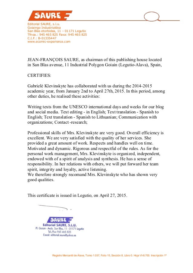 g klevinskyte recommendation letter from editorial saure spain spanish letter of recommendation
