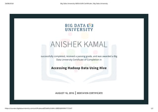 16/08/2016 Big Data University BD0141EN Certiﬁcate | Big Data University
https://courses.bigdatauniversity.com/certiﬁcates/a693e6fa3cb64c1888568409427232d7 1/2
ANISHEK KAMAL
successfully completed, received a passing grade, and was awarded a Big
Data University Certiﬁcate of Completion in
Accessing Hadoop Data Using Hive
AUGUST 16, 2016 | BD0141EN CERTIFICATE
 