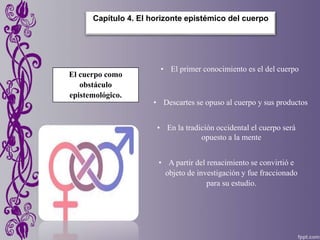 Capítulo 4. El horizonte epistémico del cuerpo
El cuerpo como
obstáculo
epistemológico.
• El primer conocimiento es el del cuerpo
• Descartes se opuso al cuerpo y sus productos
• En la tradición occidental el cuerpo será
opuesto a la mente
• A partir del renacimiento se convirtió e
objeto de investigación y fue fraccionado
para su estudio.
 
