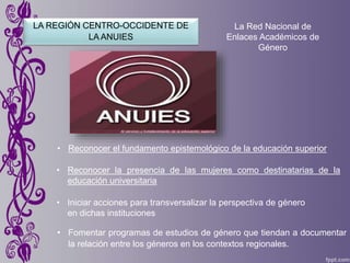 LA REGIÓN CENTRO-OCCIDENTE DE
LA ANUIES
• Reconocer el fundamento epistemológico de la educación superior
• Reconocer la presencia de las mujeres como destinatarias de la
educación universitaria
• Iniciar acciones para transversalizar la perspectiva de género
en dichas instituciones
La Red Nacional de
Enlaces Académicos de
Género
• Fomentar programas de estudios de género que tiendan a documentar
la relación entre los géneros en los contextos regionales.
 