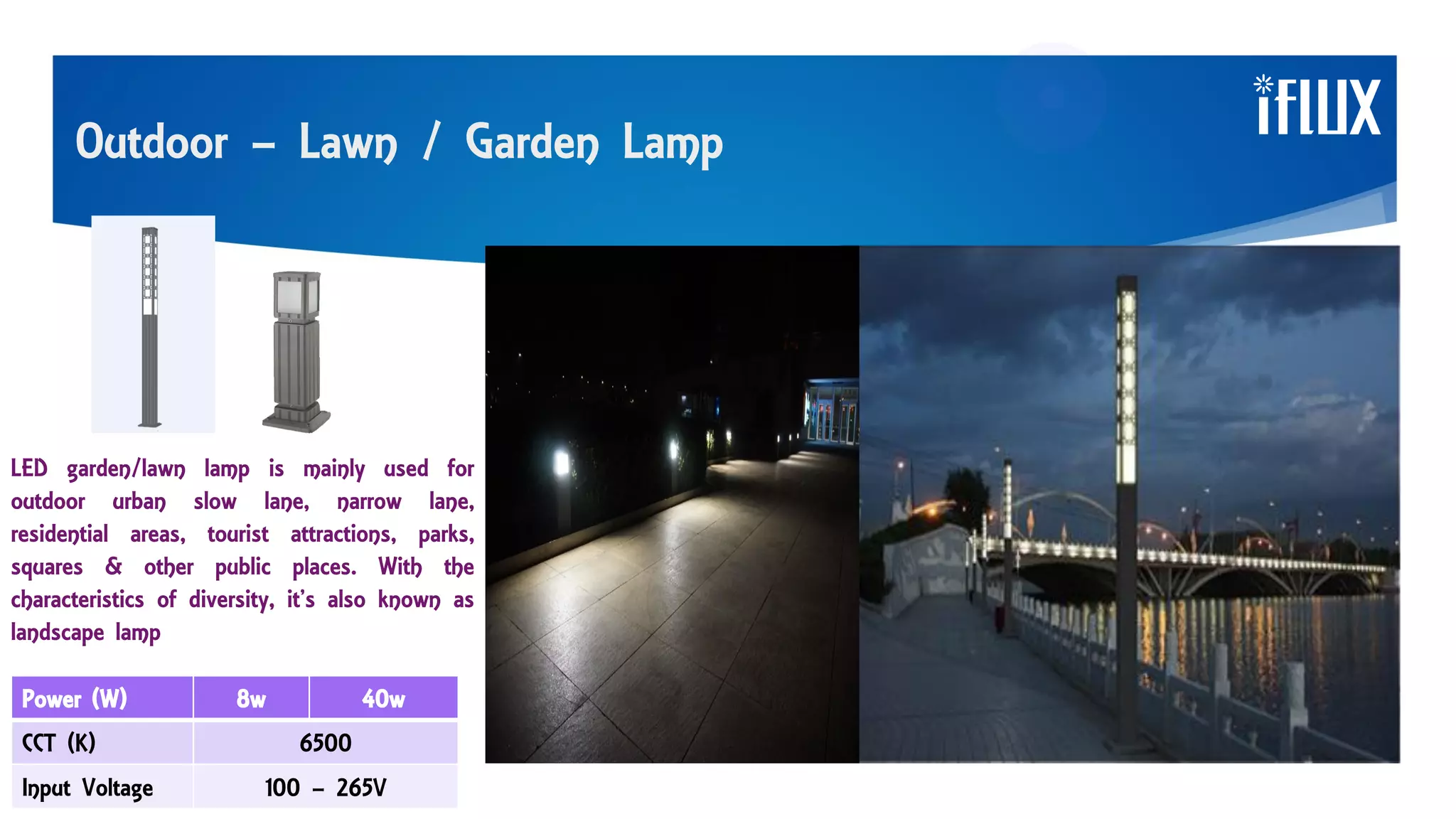 Outdoor – Lawn / Garden Lamp
LED garden/lawn lamp is mainly used for
outdoor urban slow lane, narrow lane,
residential areas, tourist attractions, parks,
squares & other public places. With the
characteristics of diversity, it’s also known as
landscape lamp
Power (W) 8w 40w
CCT (K) 6500
Input Voltage 100 – 265V
 