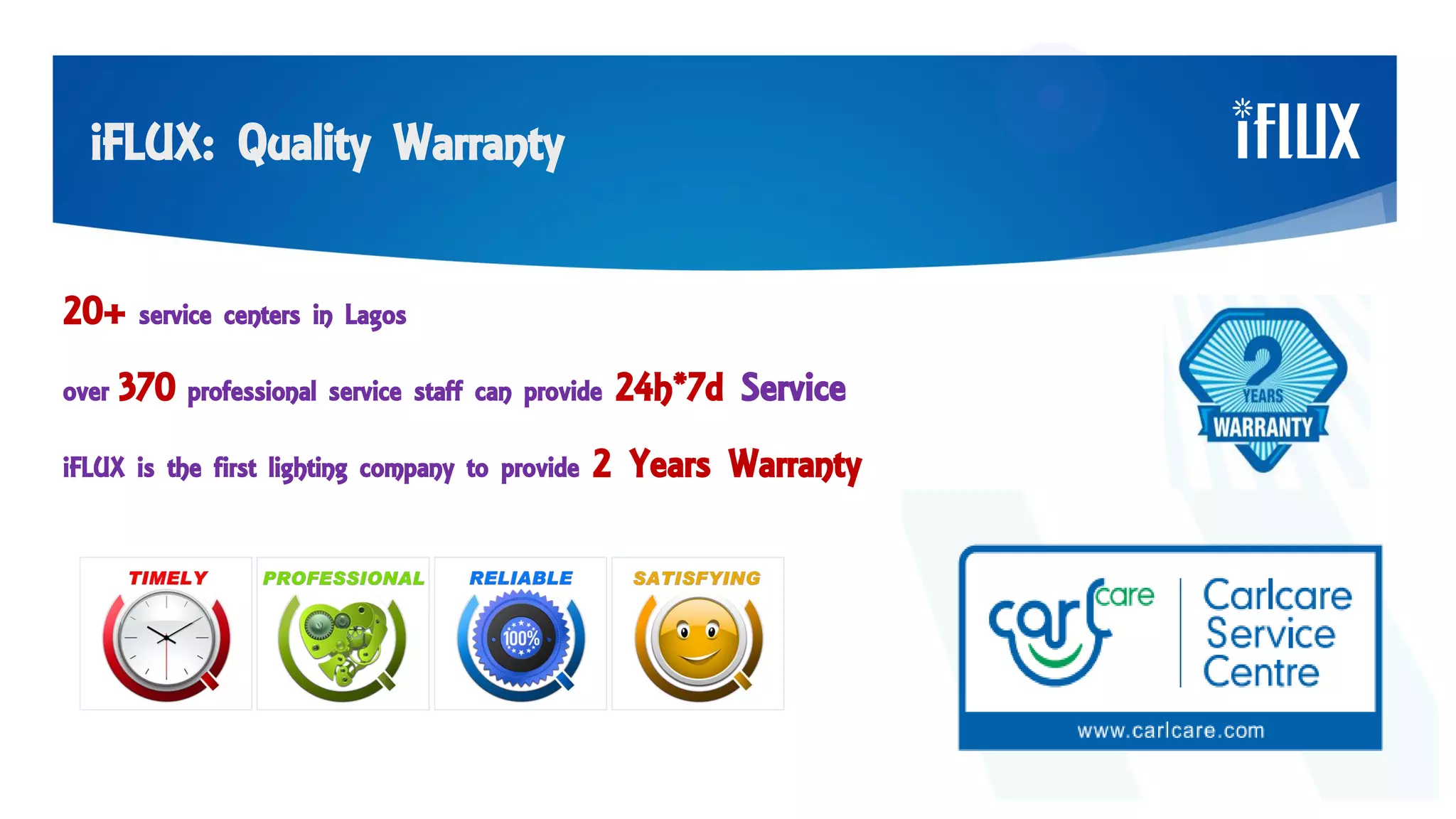 iFLUX: Quality Warranty
20+ service centers in Lagos
over 370 professional service staff can provide 24h*7d Service
iFLUX is the first lighting company to provide 2 Years Warranty
 