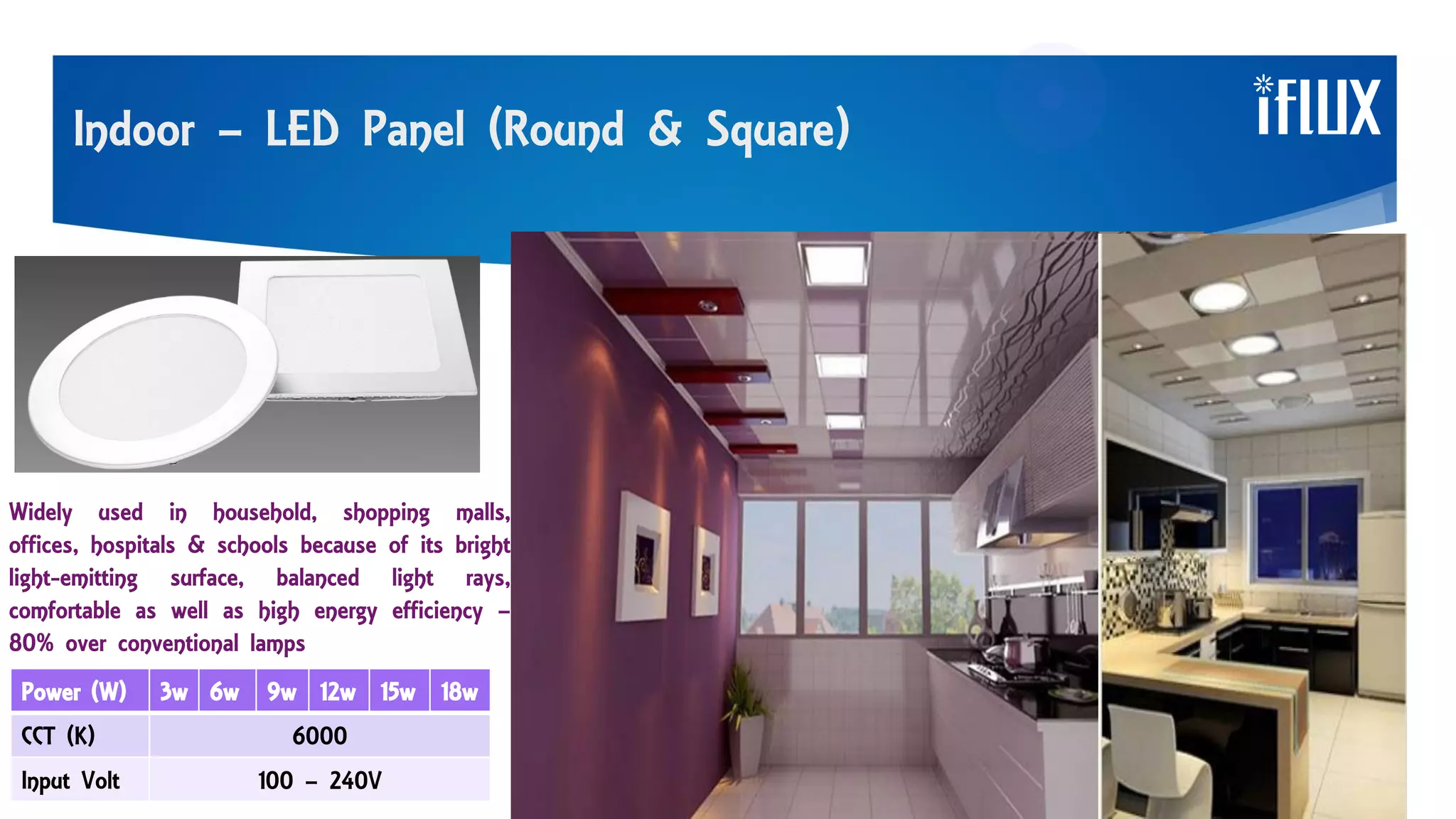 Indoor – LED Panel (Round & Square)
Widely used in household, shopping malls,
offices, hospitals & schools because of its bright
light-emitting surface, balanced light rays,
comfortable as well as high energy efficiency –
80% over conventional lamps
Power (W) 3w 6w 9w 12w 15w 18w
CCT (K) 6000
Input Volt 100 – 240V
 