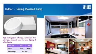 Indoor – Ceiling Mounted Lamp
High photosynthetic efficiency, maintenance free,
soft light. Commonly used in home lighting &
office lighting
Power (W) 24w 24w
CCT (K) 3000 6000
Input Voltage 100-240v
 