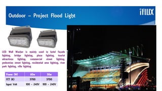 Outdoor – Project Flood Light
LED Wall Washer is mainly used in hotel façade
lighting, bridge lighting, plaza lighting, tourist
attractions lighting, commercial street lighting,
pedestrian street lighting, residential area lighting, river
park lighting, villa lighting
Power (W) 60w 30w
CCT (K) 5700 5700
Input Volt 100 - 240V 100 - 240V
 