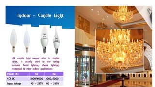 Indoor – Candle Light
LED candle light named after its similar
shape, is usually used in star rating
business hotel lighting, shops lighting,
residential & other indoor applications
Power (W) 5w 5w
CCT (K) 3000/6000 3000/6000
Input Voltage 90 – 265V 100 – 240V
 