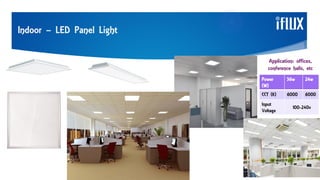 Indoor – LED Panel Light
Application: offices,
conference halls, etc
Power
(W)
36w 24w
CCT (K) 6000 6000
Input
Voltage
100-240v
 