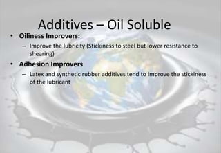 Additives – Oil Soluble
• Oiliness Improvers:
– Improve the lubricity (Stickiness to steel but lower resistance to
shearing)
• Adhesion Improvers
– Latex and synthetic rubber additives tend to improve the stickiness
of the lubricant
 