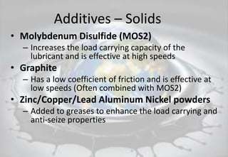 Additives – Solids
• Molybdenum Disulfide (MOS2)
– Increases the load carrying capacity of the
lubricant and is effective at high speeds
• Graphite
– Has a low coefficient of friction and is effective at
low speeds (Often combined with MOS2)
• Zinc/Copper/Lead Aluminum Nickel powders
– Added to greases to enhance the load carrying and
anti-seize properties
 