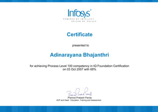 Certificate
presented to
Adinarayana Bhajanthri
for achieving Process Level 100 competency in IQ Foundation Certification
on 03 Oct 2007 with 68%
AVP and Head - Education, Training and Assessment
Pramod Prakash Panda
 