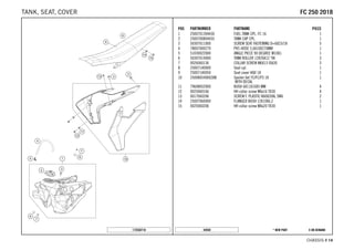 X ON DEMAND* NEW PART44938
CHASSIS # 1144
POS PARTNUMBER PARTNAME PIECE
1 2500701304430 FUEL TANK CPL. FC 16 1
2 2500700804455 TANK CAP CPL. 1
3 50307011000 SCREW SEAT FASTENING D=6X23/18 5
4 78007000270 PVC-HOSE 5,6X10X270MM 1
5 51030022000 ANGLE PIECE 90 DEGREE M10X1 1
6 50307014000 TANK ROLLER 12X26X12 '98 3
7 0026060136 COLLAR SCREW M6X13 ISA30 3
8 25007140000 Seat cpl. 1
9 25007140050 Seat cover HQV 18 1
10 2500805400028B Spoiler-Set TC/FC/FS 18
WITH DECAL
1
11 79608052000 BUSH 6X11X16X5 MM 4
12 0025060166 HH collar screw M6x16 TX30 4
13 0017060206 SCREW F. PLASTIC K60X20AL SW6 2
14 25007060000 FLANGED BUSH 12X10X6,2 1
15 0025060206 HH collar screw M6x20 TX30 1
172550710
FFCC 225500 22001188TANK, SEAT, COVER
 