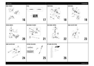 CHASSIS # 22
MASK, FENDERS
16
DECAL
17
FRONT WHEEL
18
REAR WHEEL
19
WIRING HARNESS
20
HAND BRAKE CYLINDER
21
REAR BRAKE CONTROL
22
BRAKE CALIPER FRONT
23
BRAKE CALIPER REAR
24
SEPERATE ENCLOSURE
25
WP SHIMS FOR SETTING
26
FFCC 225500 22001188CONTENT
 