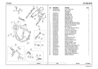 X ON DEMAND* NEW PART44930
CHASSIS # 77
POS PARTNUMBER PARTNAME PIECE
1 7900300140028 Frame "790R3" white 1
2 2500300201033A Rear frame top
WITH DECAL
1
3 25003002020 SUBFRAME L/S 1
4 25003002130 SUBFRAME RIGHT 1
5 0035080206S SHCS M8x20 TX45 4
6 79003013100 ENGINE BRACE LEFT 1
7 79003014100 ENGINE BRACE R/S 1
8 0035080206S SHCS M8x20 TX45 6
9 79007012000 TANK REST RUBBER 1
10 58111076000 CABLE SUPPORT KHS NR.150-47610 1
11 0019080306S COUNTER-SUNK SCREW ISA45 M8X30 4
12 55007016001 PVC-HOSE 7X10 PER METER x
13 50303089000 ANGLE PIECE '97 1
14 54310086100 SELF LOCKING NUT M10 CU WS=14 2
15 77203014000 engine brac.scr. M10x115 2
16 47106003160 quick release rubber grommet 4
18 0025080306 HH collar screw M8x30 TX40 2
19 0025060406 HH collar screw M6x40 TX30 1
20 0125060003 WASHER DIN0125-A 6,4 1
21 79003040100 SLEEVE 1
22 79003041100 FUSSRASTE RECHTS 2016 1
23 0125100003 washer DIN 125 A 10.5 2
24 79003044000 FOOTREST SPRING R/S 2016 1
25 79003046000 Bolzen für Fussraste 2
26 79003045000 FOOTREST SPRING L/S 2016 1
27 0094032253 PIN DIN0094-3,2X25 STEEL 2
28 79003040133 FOOTPEGS left+right complete 2016 1
30 7900309400033 FRAME PROTECTION SET BLACK 1
31 0014050123 HH COLLAR SCREW M 5X12 WS=6 4
32 54803092060 BUSH F. FRAME PROTECTION 03 2
33 44011076305 CABLE TIE 300/4,8MM BLACK 2
34 44011076140 CABLE TIE 140/2,5MM BLACK 1
98 79003053010 CHAIN SLIDING KIT BELOW CPL.16 1
99 79003096010 SPROCKET COVER KIT 1
182550310
FFCC 225500 22001188FRAME
 