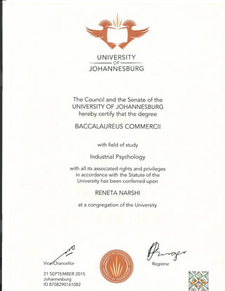 UJ BCOM Certificate