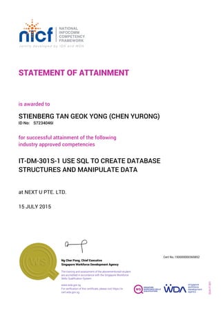 STATEMENT OF ATTAINMENT
ID No:
IT-DM-301S-1 USE SQL TO CREATE DATABASE
STRUCTURES AND MANIPULATE DATA
for successful attainment of the following
industry approved competencies
S7234046I
at NEXT U PTE. LTD.
is awarded to
15 JULY 2015
STIENBERG TAN GEOK YONG (CHEN YURONG)
SOA-IT-001
150000000365852
www.wda.gov.sg
Cert No.
The training and assessment of the abovementioned student
are accredited in accordance with the Singapore Workforce
Skills Qualification System
Singapore Workforce Development Agency
Ng Cher Pong, Chief Executive
For verification of this certificate, please visit https://e-
cert.wda.gov.sg
 