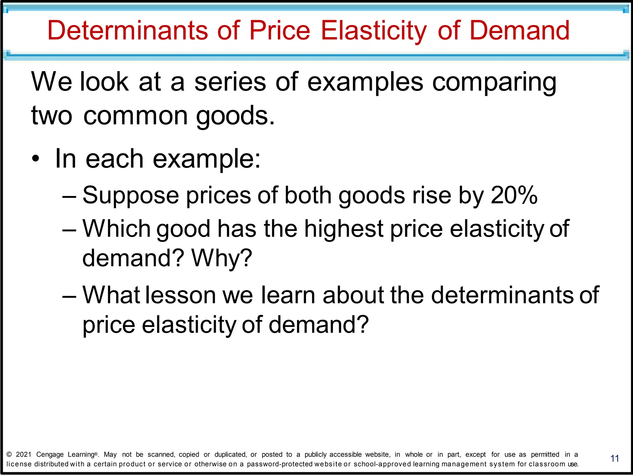 Determinants of Price Elasticity of Demand
We look at a series of examples comparing
two common goods.
• In each example:
– Suppose prices of both goods rise by 20%
– Which good has the highest price elasticity of
demand? Why?
– What lesson we learn about the determinants of
price elasticity of demand?
11
© 2021 Cengage Learning®. May not be scanned, copied or duplicated, or posted to a publicly accessible website, in whole or in part, except for use as permitted in a
license distributed with a certain product or service or otherwise on a password-protected website or school-approved learning management system for classroom use.
 