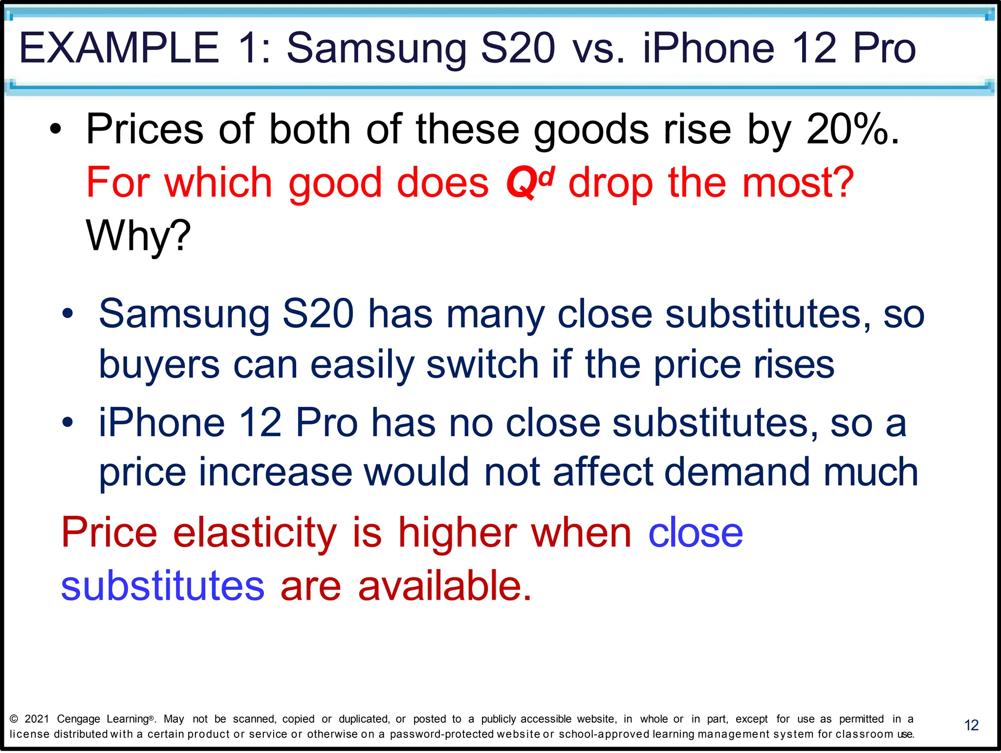 EXAMPLE 1: Samsung S20 vs. iPhone 12 Pro
12
• Prices of both of these goods rise by 20%.
For which good does Qd drop the most?
Why?
• Samsung S20 has many close substitutes, so
buyers can easily switch if the price rises
• iPhone 12 Pro has no close substitutes, so a
price increase would not affect demand much
Price elasticity is higher when close
substitutes are available.
© 2021 Cengage Learning®. May not be scanned, copied or duplicated, or posted to a publicly accessible website, in whole or in part, except for use as permitted in a
license distributed with a certain product or service or otherwise on a password-protected website or school-approved learning management system for classroom use.
 