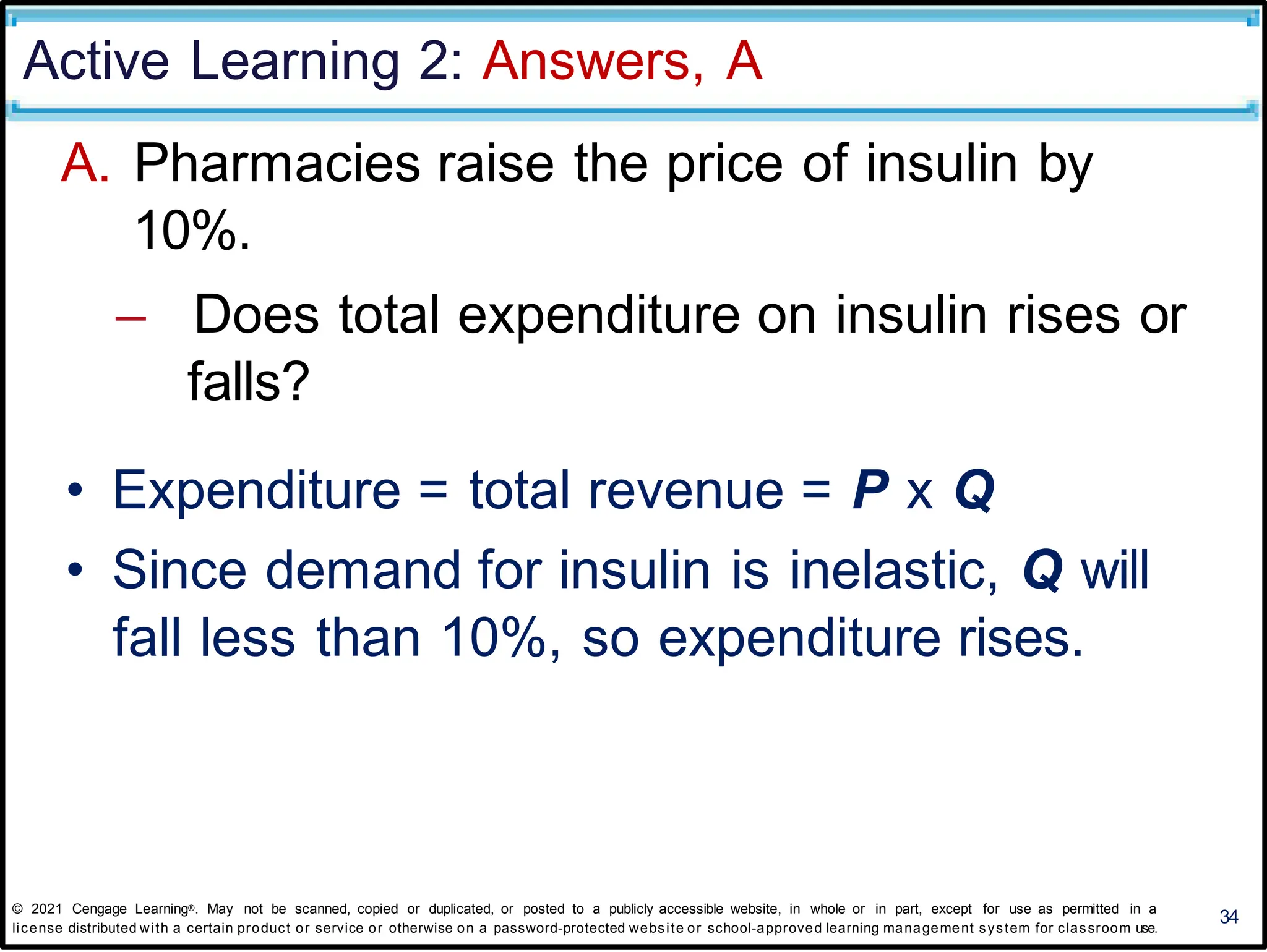 Active Learning 2: Answers, A
34
A. Pharmacies raise the price of insulin by
10%.
– Does total expenditure on insulin rises or
falls?
• Expenditure = total revenue = P x Q
• Since demand for insulin is inelastic, Q will
fall less than 10%, so expenditure rises.
© 2021 Cengage Learning®. May not be scanned, copied or duplicated, or posted to a publicly accessible website, in whole or in part, except for use as permitted in a
license distributed with a certain product or service or otherwise on a password-protected website or school-approved learning management system for classroom use.
 