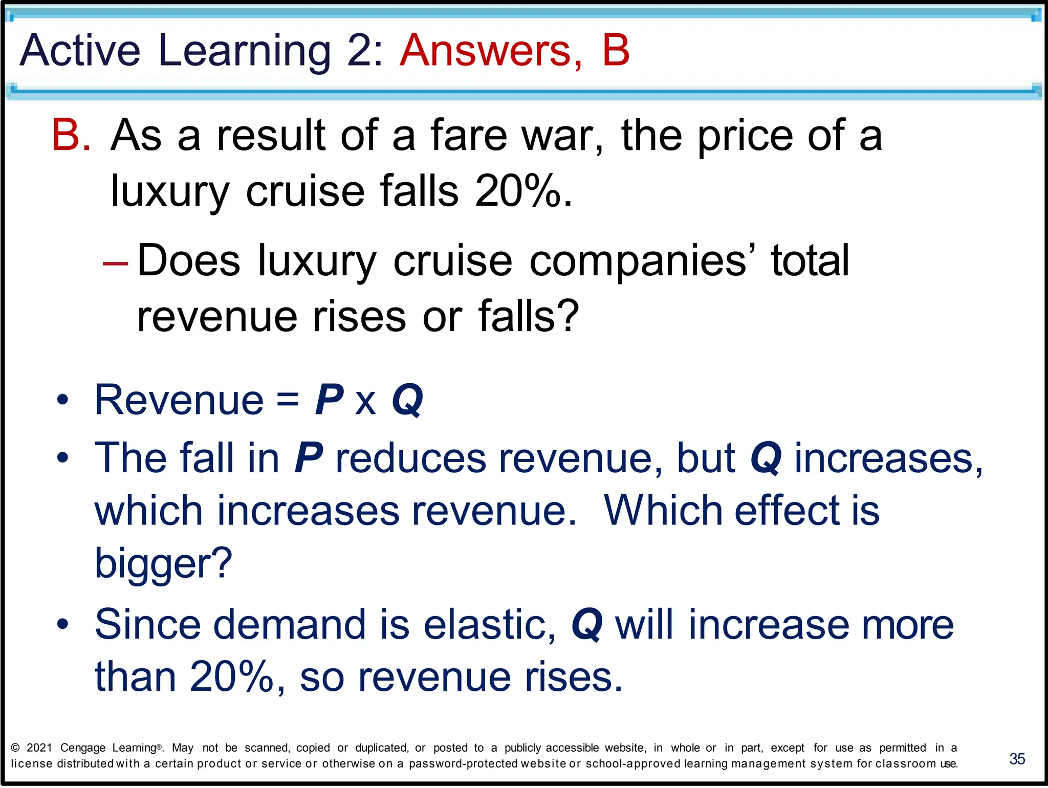 Active Learning 2: Answers, B
35
B. As a result of a fare war, the price of a
luxury cruise falls 20%.
– Does luxury cruise companies’ total
revenue rises or falls?
• Revenue = P x Q
• The fall in P reduces revenue, but Q increases,
which increases revenue. Which effect is
bigger?
• Since demand is elastic, Q will increase more
than 20%, so revenue rises.
© 2021 Cengage Learning®. May not be scanned, copied or duplicated, or posted to a publicly accessible website, in whole or in part, except for use as permitted in a
license distributed with a certain product or service or otherwise on a password-protected website or school-approved learning management system for classroom use.
 