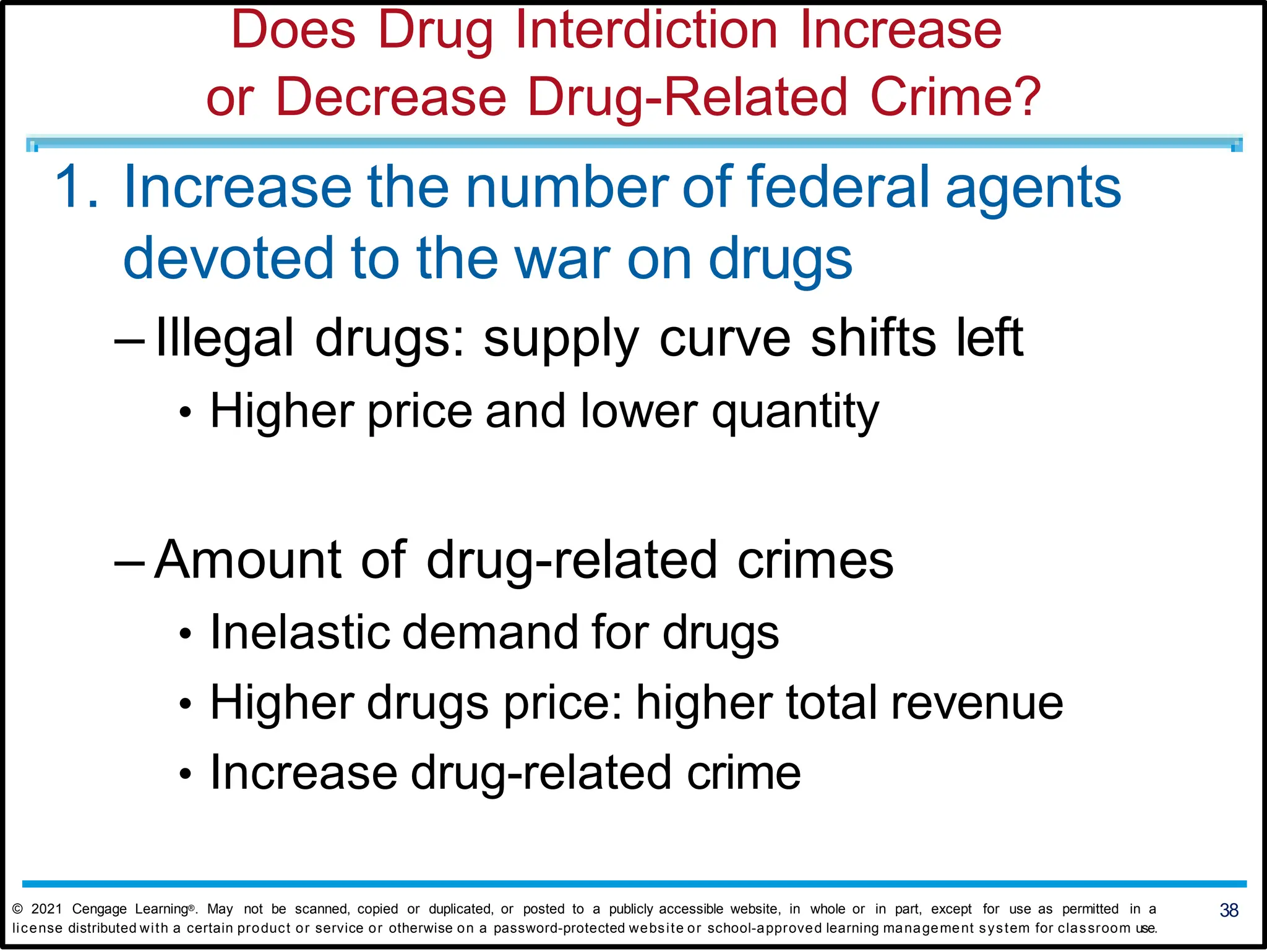 Does Drug Interdiction Increase
or Decrease Drug-Related Crime?
1. Increase the number of federal agents
devoted to the war on drugs
– Illegal drugs: supply curve shifts left
• Higher price and lower quantity
– Amount of drug-related crimes
• Inelastic demand for drugs
• Higher drugs price: higher total revenue
• Increase drug-related crime
38
© 2021 Cengage Learning®. May not be scanned, copied or duplicated, or posted to a publicly accessible website, in whole or in part, except for use as permitted in a
license distributed with a certain product or service or otherwise on a password-protected website or school-approved learning management system for classroom use.
 