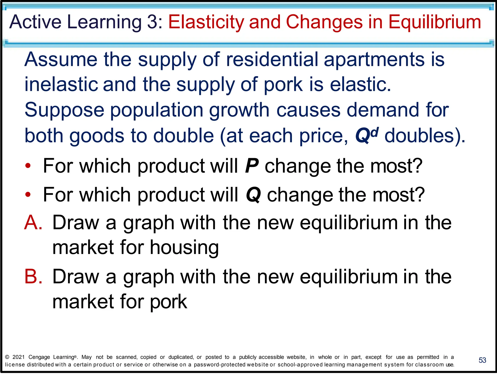 Active Learning 3: Elasticity and Changes in Equilibrium
Assume the supply of residential apartments is
inelastic and the supply of pork is elastic.
Suppose population growth causes demand for
both goods to double (at each price, Qd doubles).
• For which product will P change the most?
• For which product will Q change the most?
A. Draw a graph with the new equilibrium in the
market for housing
B. Draw a graph with the new equilibrium in the
market for pork
53
© 2021 Cengage Learning®. May not be scanned, copied or duplicated, or posted to a publicly accessible website, in whole or in part, except for use as permitted in a
license distributed with a certain product or service or otherwise on a password-protected website or school-approved learning management system for classroom use.
 