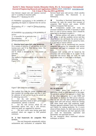 Kartik N. Shah, Shantanu Santoki, Himanshu Ghetia, RA. K. Saravanaguru / International
Journal of Engineering Research and Applications (IJERA) ISSN: 2248-9622 www.ijera.com
Vol. 3, Issue 3, May-Jun 2013, pp.929-934
932 | P a g e
time between request sent and response received
and ’n’ is number of execution paths.
Qtime (P ) = (∑qtime(si ))/n
(3) Reliability: qreliability is the probability of
responding the request in expected time for service
’s’
Qreliability (P ) = exp(1/n ∑ln(qreliability
(si ))
(4) Availability: qavailability is the probability of
service
’s’ is accessible for at particular time.
Qavailability (P ) = exp(1/n
∑ln(qavailability (si ))
C. Selection based upon QoS value prediction:
For a system of selection of web services, let M be
training users and N be Web Service items. The
relation between M
and N, which is denoted by M × N is known as
user-item
Matrix.
The method of Recommendation can be shown by
following
Figure7 [21].
Figure7: QoS prediction procedure
This method first finds the similar neighbors and
then it predict the missing values and then it goes
for selection of web service. It can be carried out
by following ways [21].
 For the web services which are
functionally equivalent, based on QoS performance
and prediction, optimal is selected.
 For the web services which are not
functionally equiva- lent, top k web services,
which are good, are suggested for selection.
 The top k active users having good QoS
predicted values can suggest to find potential
customers.
D. A Tool framework for composite Web
services:
This tool framework automatically realizes
orchestration and verification of composite Web
Services based upon web services which satisfies
user requirements. The framework is as
follows[23].
 According to functional requirements, the
developer de- signs the control flow structure of
composite Web Service and creates ACWS
(Abstract Composite Web Service).
 Composition verifier will verify the
structural soundness of ACWS. If structure is sound
then it is sent to service selector. Else it should be
return back to developer to modify it.
 Service selector will query to UDDI and
QoS Broker to get the candidate service and then
select the best one and invoke the service tester. If
component service which can not passed by tester,
it is sent back to service selector.
 ACWS will be transformed into concrete
composite web service by composite web service
transformer and send to composite web service
tester.
Composite web service will be tested by the
composite web service tester in its engine. If the
composite web service does not meet the QoS
requirements then it is sent bask to developer.
Figure8: Tool framework [23]
III. SUMMARY
Table1 shows the comparison of 4
approaches which we have discussed in this paper.
We can easily see that Tool approach is better than
all the other approaches as it uses UDDI and
QoS broker as database for Web service selection.
Also we can note that QoS predication approach
easily deals with web services, which has missing
QoS values based upon QoS prediction model.
Mediator approach considers Time, Cost, Reliability
and Fidelity for making prediction. So, it covers
almost all basic factors. So, QoS value can be more
accurate. QoS Prediction and Tool approach, both
can work for functionally equivalent and
functionally non equivalent services.
We can summarize above mentioned selection
techniques as follows:
 