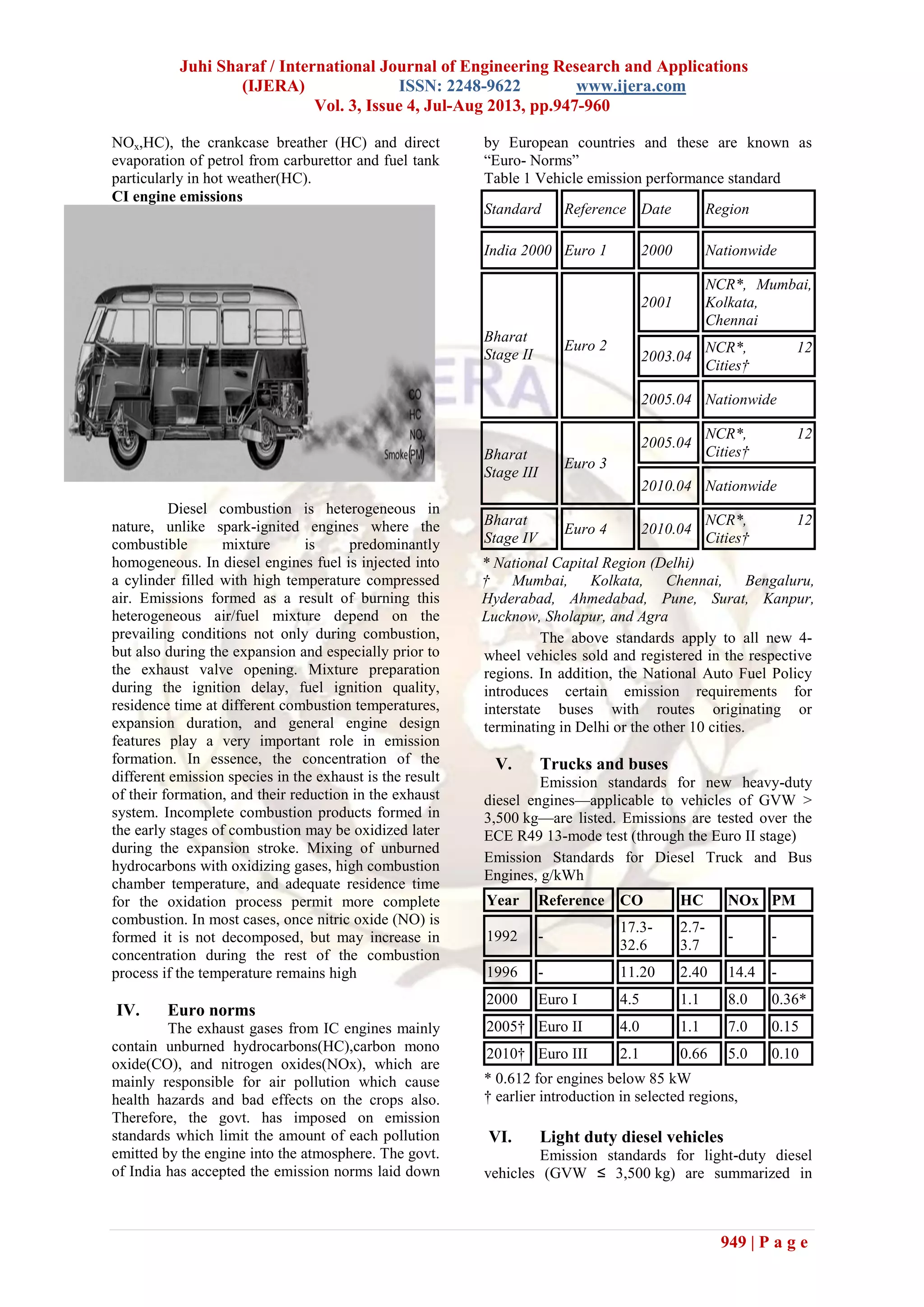 Juhi Sharaf / International Journal of Engineering Research and Applications
(IJERA) ISSN: 2248-9622 www.ijera.com
Vol. 3, Issue 4, Jul-Aug 2013, pp.947-960
949 | P a g e
NOx,HC), the crankcase breather (HC) and direct
evaporation of petrol from carburettor and fuel tank
particularly in hot weather(HC).
CI engine emissions
Diesel combustion is heterogeneous in
nature, unlike spark-ignited engines where the
combustible mixture is predominantly
homogeneous. In diesel engines fuel is injected into
a cylinder filled with high temperature compressed
air. Emissions formed as a result of burning this
heterogeneous air/fuel mixture depend on the
prevailing conditions not only during combustion,
but also during the expansion and especially prior to
the exhaust valve opening. Mixture preparation
during the ignition delay, fuel ignition quality,
residence time at different combustion temperatures,
expansion duration, and general engine design
features play a very important role in emission
formation. In essence, the concentration of the
different emission species in the exhaust is the result
of their formation, and their reduction in the exhaust
system. Incomplete combustion products formed in
the early stages of combustion may be oxidized later
during the expansion stroke. Mixing of unburned
hydrocarbons with oxidizing gases, high combustion
chamber temperature, and adequate residence time
for the oxidation process permit more complete
combustion. In most cases, once nitric oxide (NO) is
formed it is not decomposed, but may increase in
concentration during the rest of the combustion
process if the temperature remains high
IV. Euro norms
The exhaust gases from IC engines mainly
contain unburned hydrocarbons(HC),carbon mono
oxide(CO), and nitrogen oxides(NOx), which are
mainly responsible for air pollution which cause
health hazards and bad effects on the crops also.
Therefore, the govt. has imposed on emission
standards which limit the amount of each pollution
emitted by the engine into the atmosphere. The govt.
of India has accepted the emission norms laid down
by European countries and these are known as
“Euro- Norms”
Table 1 Vehicle emission performance standard
Standard Reference Date Region
India 2000 Euro 1 2000 Nationwide
Bharat
Stage II
Euro 2
2001
NCR*, Mumbai,
Kolkata,
Chennai
2003.04
NCR*, 12
Cities†
2005.04 Nationwide
Bharat
Stage III
Euro 3
2005.04
NCR*, 12
Cities†
2010.04 Nationwide
Bharat
Stage IV
Euro 4 2010.04
NCR*, 12
Cities†
* National Capital Region (Delhi)
† Mumbai, Kolkata, Chennai, Bengaluru,
Hyderabad, Ahmedabad, Pune, Surat, Kanpur,
Lucknow, Sholapur, and Agra
The above standards apply to all new 4-
wheel vehicles sold and registered in the respective
regions. In addition, the National Auto Fuel Policy
introduces certain emission requirements for
interstate buses with routes originating or
terminating in Delhi or the other 10 cities.
V. Trucks and buses
Emission standards for new heavy-duty
diesel engines—applicable to vehicles of GVW >
3,500 kg—are listed. Emissions are tested over the
ECE R49 13-mode test (through the Euro II stage)
Emission Standards for Diesel Truck and Bus
Engines, g/kWh
Year Reference CO HC NOx PM
1992 -
17.3-
32.6
2.7-
3.7
- -
1996 - 11.20 2.40 14.4 -
2000 Euro I 4.5 1.1 8.0 0.36*
2005† Euro II 4.0 1.1 7.0 0.15
2010† Euro III 2.1 0.66 5.0 0.10
* 0.612 for engines below 85 kW
† earlier introduction in selected regions,
VI. Light duty diesel vehicles
Emission standards for light-duty diesel
vehicles (GVW ≤ 3,500 kg) are summarized in
 