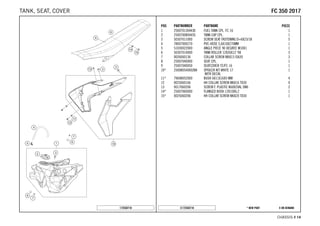 X ON DEMAND* NEW PARTC172550710
CHASSIS # 1144
POS PARTNUMBER PARTNAME PIECE
1 2500701304430 FUEL TANK CPL. FC 16 1
2 2500700804455 TANK CAP CPL. 1
3 50307011000 SCREW SEAT FASTENING D=6X23/18 5
4 78007000270 PVC-HOSE 5,6X10X270MM 1
5 51030022000 ANGLE PIECE 90 DEGREE M10X1 1
6 50307014000 TANK ROLLER 12X26X12 '98 3
7 0026060136 COLLAR SCREW M6X13 ISA30 3
8 25007040000 SEAT CPL. 1
9 25007040050 SEATCOVER TC/FC 16 1
10* 2500805400028A SPOILER KIT WHITE 17
WITH DECAL
1
11* 79608052000 BUSH 6X11X16X5 MM 4
12 0025060166 HH COLLAR SCREW M6X16 TX30 4
13 0017060206 SCREW F. PLASTIC K60X20AL SW6 2
14* 25007060000 FLANGED BUSH 12X10X6,2 1
15* 0025060206 HH COLLAR SCREW M6X20 TX30 1
172550710
FFCC 335500 22001177TANK, SEAT, COVER
 