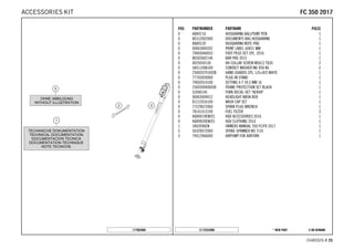 X ON DEMAND* NEW PARTC172552000
CHASSIS # 2255
POS PARTNUMBER PARTNAME PIECE
0 HQV0110 HUSQVARNA BALLPOINT PEN 1
0 80312002000 DOCUMENTS BAG HUSQVARNA 1
0 HQV0120 HUSQVARNA NOTE-PAD 1
0 00063004202 PRINT LABEL 60X51 MM 1
0 79003040033 FOOT PEGS SET CPL. 2016 1
0 80302602144 BAR PAD 2015 1
0 0025050126 HH COLLAR SCREW M5X12 TX30 2
0 58411098100 CONTACT WASHER M6 VSV-K6 2
0 2500207910028 HAND GUARDS CPL. L/S+R/S WHITE 1
0 77703020000 PLUG-IN STAND 1
0 79002014100 SETTING 4-T 39,5 MM 16 1
0 2500309400030 FRAME PROTECTION SET BLACK 1
0 52000145 FORK DECAL-SET "AER48" 1
0 00063004012 HEADLIGHT MASK BOX 1
0 81212016100 WASH CAP SET 1
0 77229072000 SPARK PLUG WRENCH 1
0 78141013190 FUEL FILTER 3
0 HQV0019EN/ES HQV ACCESSORIES 2016 1
0 HQV0020EN/ES HQV CLOTHING 2016 1
1 3402096EN OWNERS MANUAL 350 FC/FX 2017 1
2 50329072000 SPOKE-SPANNER WS 7/10 1
3 79412966000 AIRPUMP FOR AIRFORK 1
177902000
FFCC 335500 22001177ACCESSORIES KIT
 