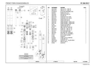 X ON DEMAND* NEW PARTC175040130
CHASSIS # 55
POS PARTNUMBER PARTNAME PIECE
1 48601408S2 FORK LEG R/S + TUBE CPL. 1
2 48601407S2 FORK LEG L/S + TUBE CPL. 1
3 0025080256 HH COLLAR SCREW M8X25 TX40 4
5 48600692 RUBBER CAP D=26,4 2
6 48601484S ADJUSTING CAP M20 CPL. 1
7 48601533S PLUG M20 CPL. 1
8* 48601574S1 PISTON ROD R/S CPL. M9X1 1
9 48601501S PISTON ROD L/S CPL. M12X1 1
10 48601462S1 SCREW SLEEVE OIL CPL. 1
11 48601452S1 SCREW SLEEVE AIR CPL. 1
12 48600578S SPRING REBOUND + SPRING GUIDE 1
13 48601578S SPRING REBOUND + SPRING GUIDE 1
14 R14061 PISOTN SET AIR FORK D34 1
15 48601485S COMPRESSION UNIT CPL. 1
16 R14062 SMALL PARTS KIT SCREW CAP 1
17 48601454S1 SCREW CAP + TUBE CPL. R/S 1
18 48601453S1 SCREW CAP + TUBE CPL. L/S 1
19 48601495 PLUG SCREW M8X1 BN44 1
20 48601494S VALVE M8X1 INCL. SCREW CAP 1
21* 48601671 OUTER TUBE L577 D54/60MM 2L 2
22 R14047 REP. KIT GUIDE BUSHINGS 1
23 R14046 SEALING KIT 1
24 04100002 X-RING 26,57X3,53 FKM 80SH. 1
25 48600044 O-RING NBR 6X1,5 1
97 00062010051 CENTOPLEX 2 EP - 45g MP-GREASE 1
98 48601166S1 FORK OIL SAE4 5L 1
99 R14060 SEALING KIT 1
165040130
FFCC 335500 22001177FRONT FORK DISASSEMBLED
 