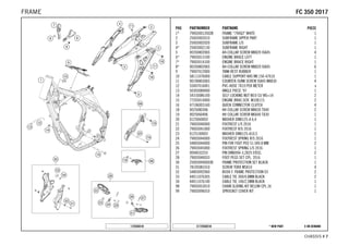 X ON DEMAND* NEW PARTC172550310
CHASSIS # 77
POS PARTNUMBER PARTNAME PIECE
1* 7900300120028 FRAME "790Q3" WHITE 1
2 25003002010 SUBFRAME UPPER PART 1
3 25003002020 SUBFRAME L/S 1
4* 25003002130 SUBFRAME RIGHT 1
5 0035080206S AH-COLLAR SCREW M8X20 ISA45 4
6* 79003013100 ENGINE BRACE LEFT 1
7* 79003014100 ENGINE BRACE RIGHT 1
8* 0035080206S AH-COLLAR SCREW M8X20 ISA45 6
9 79007012000 TANK REST RUBBER 1
10 58111076000 CABLE SUPPORT KHS NR.150-47610 1
11 0019080306S COUNTER-SUNK SCREW ISA45 M8X30 4
12 55007016001 PVC-HOSE 7X10 PER METER x
13 50303089000 ANGLE PIECE '97 1
14 54310086100 SELF LOCKING NUT M10 CU WS=14 2
15 77203014000 ENGINE BRAC.SCR. M10X115 2
16 47106003160 QUICK CONNECTOR CLUTCH 4
18 0025080306 HH COLLAR SCREW M8X30 TX40 2
19 0025060406 HH COLLAR SCREW M6X40 TX30 1
20 0125060003 WASHER DIN0125-A 6,4 1
21 79003040000 FOOTREST L/S 2016 1
22 79003041000 FOOTREST R/S 2016 1
23 0125100003 WASHER DIN0125-A10,5 2
24 79003044000 FOOTREST SPRING R/S 2016 1
25 54803044000 PIN FOR FOOT PED 51.5X9.8 MM 2
26 79003045000 FOOTREST SPRING L/S 2016 1
27 0094032253 PIN DIN0094-3,2X25 STEEL 2
28 79003040033 FOOT PEGS SET CPL. 2016 1
30 2500309400030 FRAME PROTECTION SET BLACK 1
31 78105081010 SCREW TORX M5X10 4
32 54803092060 BUSH F. FRAME PROTECTION 03 2
33 44011076305 CABLE TIE 300/4,8MM BLACK 2
34 44011076140 CABLE TIE 140/2,5MM BLACK 1
98 79003053010 CHAIN SLIDING KIT BELOW CPL.16 1
99 79003096010 SPROCKET COVER KIT 1
172550310
FFCC 335500 22001177FRAME
 