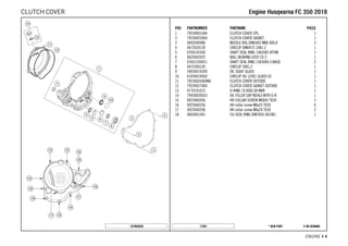 X ON DEMAND* NEW PART17581
ENGINE # 44
POS PARTNUMBER PARTNAME PIECE
1 79230001044 CLUTCH COVER CPL. 1
2 79230025000 CLUTCH COVER GASKET 1
3 0402040980 NEEDLE ROL.DIN5402 NRB 4X9,8 3
4 0472024120 CIRCLIP DIN0472-24X1.2 1
5 0760142450 SHAFT SEAL RING 14X24X5 VITON 1
6 0625062022 BALL BEARING 6202 C0 2 1
7 07601530451 SHAFT SEAL RING 15X30X4.5 BAUD 2
8 0472300120 CIRCLIP 30X1,2 1
9 59030019200 OIL SIGHT GLASS 1
10 61030019050 CIRCLIP OIL LEVEL GLASS 03 1
11 79230626000KA CLUTCH COVER OUTSIDE 1
12 79230027000 CLUTCH COVER GASKET OUTSIDE 1
13 0770191015 O-RING 19,00X3,00 NBR 1
14 79430020033 OIL FILLER CAP M24x3 WITH O-R 1
15 0025060456 HH COLLAR SCREW M6X45 TX30 3
16 0025060256 HH collar screw M6x25 TX30 6
17 0025060206 HH collar screw M6x20 TX30 2
18 0603061001 CU-SEAL RING DIN7603-6X10X1 1
167903020
EEnnggiinnee HHuussqqvvaarrnnaa FFCC 335500 22001188CLUTCH COVER
 