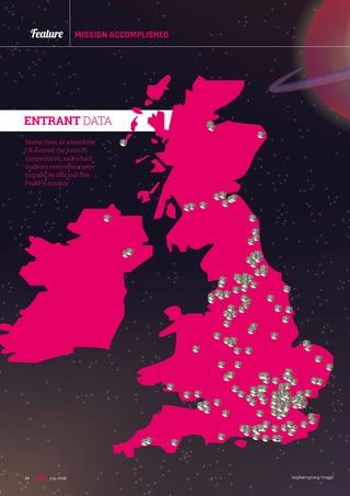 raspberrypi.org/magpi28 July 2016
Feature MISSION ACCOMPLISHED
ENTRANT DATA
Teams from all around the
UK entered the Astro Pi
competitions, and school
students everywhere were
inspired by this and Tim
Peake’s mission
 