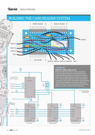 Tutorial WALKTHROUGH
raspberrypi.org/magpi54 July 2016
Raspberry Pi
GPIO connector
3V3
3V3
GPIO 23
GPIO 24
GPIO 4
GPIO 8
PB0
PB1
PB2
CS
74HC4051
16
11
10
9
3
15
14
13
6 7 8
All
10k
GPIO 10
GPIO 9
GPIO 11
GPIO 25
Din
Dout
CLK
Gnd
3V3 3V3 3V3
3V3 8
SDA
1
MOSI
MISO
SCK
RST
GND 8
RFID-522
Top Reader
3
4
2
7
3V3 8
SDA
1
MOSI
MISO
SCK
RST
GND 8
RFID-522
Middle Reader
3
4
2
7
3V3 8
SDA
1
MOSI
MISO
SCK
RST
GND 8
RFID-522
Bottom Reader
3
4
2
7
Fig 1 The schematic
of the project
STEP-01
Make the reader select circuit
Build the reader select circuit on a piece of 24-hole
by 11-hole stripboard. Make sure you break the tracks
underneath the 74HC4051 IC, as well as those shown as
breaks seen through the board; we always use a socket
for ICs. Add the right-angled pin headers and solder the
components in place. Next, wire the links across the board.
Finally, wire up a length of 10-way ribbon cable for the
signals back to the Pi. Wire up the other end of the ribbon
cable to a connector that fits on the Pi’s GPIO plug.
74HC4051
10K
0.1uf
10K
10K
Middle Reader Bottom Reader
Top Reader
1 8 1 8
1 8
GPIO 11
GPIO 10
GPIO 9
Gnd
GPIO 8
GPIO 25 GPIO 4 GPIO 24 GPIO 23 3V3
BUILDING THE CARD READER SYSTEM
 