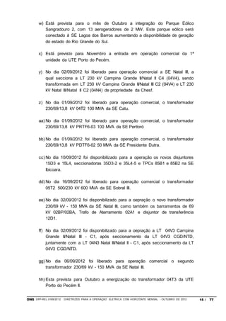 ONS DPP-REL-0169/2012 DIRETRIZES PARA A OPERAÇÃO ELÉTRICA COM HORIZONTE MENSAL - OUTUBRO DE 2012 15 / 77
w) Está prevista para o mês de Outubro a integração do Parque Eólico
Sangradouro 2, com 13 aerogeradores de 2 MW. Este parque eólico será
conectado à SE Lagoa dos Barros aumentando a disponibilidade de geração
do estado do Rio Grande do Sul.
x) Está previsto para Novembro a entrada em operação comercial da 1ª
unidade da UTE Porto do Pecém.
y) No dia 02/09/2012 foi liberado para operação comercial a SE Natal III, a
qual secciona a LT 230 kV Campina Grande II/Natal II C4 (04V4), sendo
transformada em LT 230 kV Campina Grande II/Natal III C2 (04V4) e LT 230
kV Natal III/Natal II C2 (04N4) de propriedade da Chesf.
z) No dia 01/09/2012 foi liberado para operação comercial, o transformador
230/69/13,8 kV 04T2 100 MVA da SE Catu.
aa) No dia 01/09/2012 foi liberado para operação comercial, o transformador
230/69/13,8 kV PRTF6-03 100 MVA da SE Peritoró
bb) No dia 01/09/2012 foi liberado para operação comercial, o transformador
230/69/13,8 kV PDTF6-02 50 MVA da SE Presidente Dutra.
cc) No dia 10/09/2012 foi disponibilizado para a operação os novos disjuntores
15D3 e 15L4, seccionadoras 35D3-2 e 35L4-5 e TPCs 85B1 e 85B2 na SE
Ibicoara.
dd) No dia 16/09/2012 foi liberado para operação comercial o transformador
05T2 500/230 kV 600 MVA da SE Sobral III.
ee) No dia 02/09/2012 foi disponibilizado para a oepração o novo transformador
230/69 kV - 150 MVA da SE Natal III, como também os barramentos de 69
kV 02BP/02BA, Trafo de Aterramento 02A1 e disjuntor de transferência
12D1.
ff) No dia 02/09/2012 foi disponibilizado para a oepração a LT 04V3 Campina
Grande II/Natal III - C1, após seccionamento da LT 04V3 CGD/NTD,
juntamente com a LT 04N3 Natal III/Natal II - C1, após seccionamento da LT
04V3 CGD/NTD.
gg) No dia 06/09/2012 foi liberado para operação comercial o segundo
transformador 230/69 kV - 150 MVA da SE Natal III.
hh) Esta prevista para Outubro a energização do transformador 04T3 da UTE
Porto do Pecém II.
 
