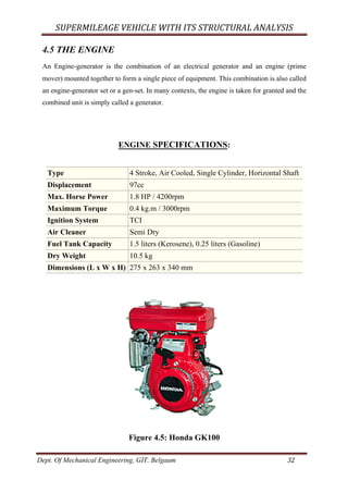 SUPERMILEAGE	VEHICLE	WITH	ITS	STRUCTURAL	ANALYSIS	
Dept. Of Mechanical Engineering, GIT, Belgaum	 32	
4.5 THE ENGINE
An Engine-generator is the combination of an electrical generator and an engine (prime
mover) mounted together to form a single piece of equipment. This combination is also called
an engine-generator set or a gen-set. In many contexts, the engine is taken for granted and the
combined unit is simply called a generator.
ENGINE SPECIFICATIONS:
Type 4 Stroke, Air Cooled, Single Cylinder, Horizontal Shaft
Displacement 97cc
Max. Horse Power 1.8 HP / 4200rpm
Maximum Torque 0.4 kg.m / 3000rpm
Ignition System TCI
Air Cleaner Semi Dry
Fuel Tank Capacity 1.5 liters (Kerosene), 0.25 liters (Gasoline)
Dry Weight 10.5 kg
Dimensions (L x W x H) 275 x 263 x 340 mm
	
Figure 4.5: Honda GK100	
 