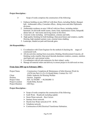 Project Description:-
 Scope of works comprises the construction of the following:
1. Embassy building on area 2600 m2 with three floors, including Shelter, Banquet
hall, Ambassador office, Consulate offices, dining room and other Diplomatic
divisions.
2. Ambassador residence on area 1100 m2 with two floors, including shelter,
basement for drivers& maids rooms, sauna, Gem, maintenance rooms, banquet&
dinner hall, all bed rooms and living rooms in first floor.
3. Concrete works including raft foundation, columns and slabs.
4. High quality finishing for both buildings; blast proof doors and windows, marble
flooring, high standard sanitary ware, external stone cladding.
5. Landscape, shaded car park and fences& gates.
Job Responsibility:-
1. Co-ordination with Client Engineer for the method of checking the stages of
constructed work.
2. All site activities starting from excavation, blinding, Reinforcement Concrete, all
finishing works (marble, blast proof doors& aluminum windows, ceramic, stainless
steel hand rail) and external works.
3. Co-ordination with all sub-contractors for their related works.
4. Manage all material orders and delivery to ensure project to be delivered on time.
From June 2001 up to February 2002 :
Project Name : Construction, Completion & Maintenance of Infra Structure Work for
(1678) lots Part (1), (2), (3) (South Doha). Contract No / 837
Client : Public Authority for Housing Welfare
Position : Section Engineer
Project Value : KD. 14,750,000/- = 48,360,000/- $
Project Location : South Doha, Kuwait
Project Duration : 660 Days
Project Description:-
 Scope of works comprises the construction of the following:
 Earth Work – Roadwork including asphalt.
 Storm Water network – Box Culvert.
 Sanitary Sewer network.
 Ductile Iron Water network (F.W – B.W).
 Telephone network.
 Construction of (88) Electrical Transformer Substation.
Page 9 of 15
 
