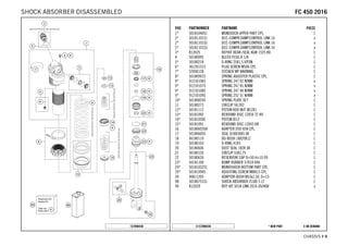 X ON DEMAND* NEW PARTC157890430
CHASSIS # 99
POS PARTNUMBER PARTNAME PIECE
1* 50181040S1 MONOSOCK UPPER PART CPL. 1
2* 50181101S1 DCC-COMPR.DAMP.CONTROL LINK 16 x
2* 50181101S2 DCC-COMPR.DAMP.CONTROL LINK 16 x
2* 50181101S3 DCC-COMPR.DAMP.CONTROL LINK 16 x
3* R12025 REP.KIT BEAR./SEAL KGW 1525 HD 1
4 50180095 BLEED PLUG R 1/8 1
5* 50180218 O-RING 25X1,5 VITON 1
6* 36120151S PLUG SCREW M5X6 CPL. 1
7* 52000128 STICKER WP WARNING 1
8* 50180991S SPRING ADJUSTER PLASTIC CPL. 1
9* 91210106S SPRING 247 42 N/MM x
9* 91210107S SPRING 247 45 N/MM x
9* 91210108S SPRING 247 48 N/MM x
9* 91210109S SPRING 252 51 N/MM x
10* 50180824S SPRING PLATE SET 1
11 50180273 CIRCLIP 58,2X2 1
12* 50181112 PISTON ROD NUT M12X1 1
13* 50181092 REBOUND DISC 12X34 T2 H0 1
14* 50181030E PISTON ID12 1
15* 50181091 REBOUND DISC 12X43 H8 1
16 50180603SA ADAPTER D50 H28 CPL. 1
17 50180605S SEAL D18X30X5 08 1
18 46180119 DU-BUSH 18X20X12 1
19 50180103 O-RING 41X5 1
20 50180606 DUST SEAL 1828 08 1
21 50180126 CIRCLIP 53X1,75 1
22 50180626 RESERVOIR CAP D=50 H=10 09 1
23* 50181100 BUMP RUBBER 57X18 H46 1
24* 50181032S1 MONOSHOCK BOTTOM PART CPL. 1
29* 50181094S ADJUSTING SCREW M8X0,5 CPL. 1
30 46811205 ADAPTOR-BUSH M10x1,50, D=15 1
98 50180751S1 SHOCK ABSORBER FLUID 5 LT 1
99 R12029 REP. KIT 5018 LINK 2016 US/HQV x
157890430
FFCC 445500 22001166SHOCK ABSORBER DISASSEMBLED
 