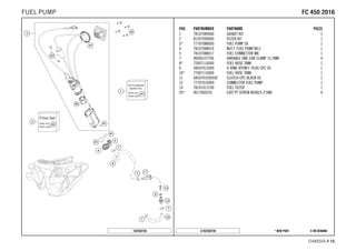 X ON DEMAND* NEW PARTC162550730
CHASSIS # 1155
POS PARTNUMBER PARTNAME PIECE
1 78107089000 GASKET KIT 1
2 81207090000 FILTER KIT 1
3* 77707088000 FUEL PUMP SX 1
4 78107088014 NUT F. FUEL PUMP M12 1
5 78107088017 FUEL CONNECTOR M8 1
7 00050157706 VARIABLE ONE-EAR CLAMP 15,7MM 4
8* 72007116000 FUEL HOSE TANK 1
9 58507012000 O-RING VITON F. PLUG CPC 05 1
10* 77407116000 FUEL HOSE TANK 1
11 5850701050030 CLUTCH CPC BLACK 05 1
12 77707010000 CONNECTOR FUEL PUMP 1
14 78141013190 FUEL FILTER 1
20* 0017060255 EJOT PT SCREW K60X25-Z SW6 4
162550730
FFCC 445500 22001166FUEL PUMP
 