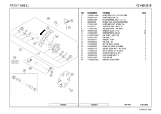 X ON DEMAND* NEW PARTC168030910
CHASSIS # 1188
POS PARTNUMBER PARTNAME PIECE
1* 2500900114430 FRONT WHEEL CPL.1,6X21"DID22MM 1
2* 25009010144 FRONT WHEEL HUB CPL. 1
3 54809011000 BEA.SPACERTUBE 35X2 L=79,4 03 1
4 0625069068 GR.BALL BEAR.6906 DDU2CG23S6NM 2
5 77709015000 FRONT WHEEL REP. KIT SX-F USA 1
6 0760354771 SHAFT SEAL RING 35X47X7 TC 2
8 77709012000 SPACER BUSHING F. FR. WHEEL 2
10* 79009071226 SPOKE M4,5X226-21" 16 36
11 77109072000 SPOKE NIPPLE M4,5 AL 11 36
12 8120907010030 RIM FRONT 1,60X21" DID 1
13 50309073000 RIM BAND 21" 1
15 00050000977 SPOKE KIT FRONT x
16 78109090000 RIM LOCK 1,60" 1
17 77110090050 NUT FOR WHEEL HOLDER 1
20* 25009060000 BRAKE DISC FRONT D=260MM 1
21 59009062013 SPECIAL SCREW M6X13 WS=8 10.9 6
30 77709081033 WHEEL SPIN.FR. CPL. D=22 15 1
32 70009082000 AXLESCREW M20X1.5; SW17 1
33 70009081050 PLUG BUSHING SW17 '12 1
38 55003135000 PLUG FOR RIM x
40 7770908107055 AUXILIARY SCREW FRONT 1
168030910
FFCC 445500 22001166FRONT WHEEL
 