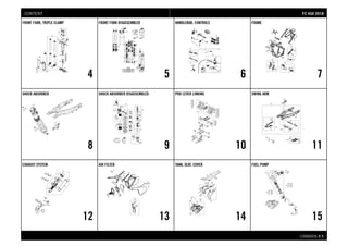 CHASSIS # 11
FRONT FORK, TRIPLE CLAMP
4
FRONT FORK DISASSEMBLED
5
HANDLEBAR, CONTROLS
6
FRAME
7
SHOCK ABSORBER
8
SHOCK ABSORBER DISASSEMBLED
9
PRO LEVER LINKING
10
SWING ARM
11
EXHAUST SYSTEM
12
AIR FILTER
13
TANK, SEAT, COVER
14
FUEL PUMP
15
FFCC 445500 22001188CONTENT
 