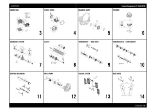 ENGINE # 11
ENGINE CASE
3
CLUTCH COVER
4
BALANCER SHAFT
5
CYLINDER
6
CRANKSHAFT, PISTON
7
CLUTCH
8
TRANSMISSION I - MAIN SHAFT
9
TRANSMISSION II - COUNTERSHAFT
10
SHIFTING MECHANISM
11
WATER PUMP
12
COOLING SYSTEM
13
VALVE DRIVE
14
EEnnggiinnee HHuussqqvvaarrnnaa FFCC 445500 22001188CONTENT
 