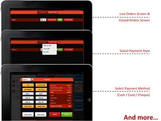 Live Orders Screen &
Closed Orders Screen
Select Payment Style
Select Payment Method
(Cash / Card / Cheque)
And more…
 