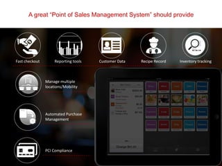 A great “Point of Sales Management System” should provide
Fast checkout Inventory trackingCustomer Data
Automated Purchase
Management
Manage multiple
locations/Mobility
PCI Compliance
Reporting tools Recipe Record
 