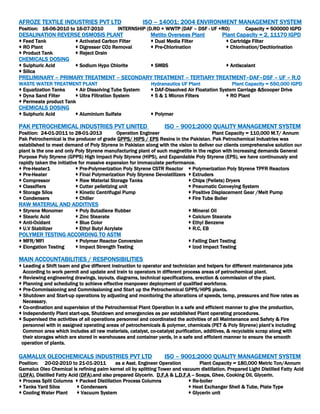 AFROZE TEXTILE INDUSTRIES PVT LTD ISO – 14001: 2004 ENVIRONMENT MANAGEMENT SYSTEM
Position: 16-06-2010 to 16-07-2010 INTERNSHIP (D.RO + WWTP (DAF – DSF - UF +RO) Capacity = 500000 IGPD
DESALINATION REVERSE OSMOSIS PLANT Metito Overseas Plant Plant Capacity = 2, 11170 IGPD
 Feed Tank  Activated Carbon Filter  Dual Media Filter  Cartridge Filter
 RO Plant  Digresser CO2 Removal  Pre-Chlorination  Chlorination/Dechlorination
 Product Tank  Reject Drain
CHEMICALS DOSING
 Sulphuric Acid  Sodium Hypo Chlorite  SMBS  Antiscalant
 Silica
PRELIMINARY – PRIMARY TREATMENT – SECONDARY TREATMENT – TERTIARY TREATMENT–DAF–DSF – UF – R.O
WASTE WATER TREATMENT PLANT Hydranautics UF Plant Plant Capacity = 550,000 IGPD
 Equalization Tanks  Air Dissolving Tube System  DAF-Dissolved Air Floatation System Carriage &Scooper Drive
 Dyna Sand Filter  Ultra Filtration System  5 & 1 Micron Filters  RO Plant
 Permeate product Tank
CHEMICALS DOSING
 Sulphuric Acid  Aluminium Sulfate  Polymer
PAK PETROCHEMICAL INDUSTRIES PVT LINITED ISO – 9001:2000 QUALITY MANAGEMENT SYSTEM
Position: 24-01-2011 to 28-01-2013 Operation Engineer Plant Capacity = 110,000 M.T/ Annum
Pak Petrochemical is the producer of grade GPPS/ HIPS / EPS Resins in the Pakistan. Pak Petrochemical Industries was
established to meet demand of Poly Styrene in Pakistan along with the vision to deliver our clients comprehensive solution our
plant is the one and only Poly Styrene manufacturing plant of such magnetite in the region with increasing demands General
Purpose Poly Styrene (GPPS) High Impact Poly Styrene (HIPS), and Expandable Poly Styrene (EPS), we have continuously and
rapidly taken the initiative for massive expansion for immaculate performance.
 Pre-Heater1  Pre-Polymerization Poly Styrene CSTR Reactor  Polymerization Poly Styrene TPFR Reactors
 Pre-Heater  Final Polymerization Poly Styrene Devolatilizers  Extruders
 Compressor  Raw Material Storage Tanks  Chips (Pellets) Dryers
 Classifiers  Cutter pelletizing unit  Pneumatic Conveying System
 Storage Silos  Kinetic Centrifugal Pump  Positive Displacement Gear /Melt Pump
 Condensers  Chiller  Fire Tube Boiler
RAW MATERIAL AND ADDITIVES
 Styrene Monomer  Poly Butadiene Rubber  Mineral Oil
 Stearic Acid  Zinc Stearate  Calcium Stearate
 Anti-Oxidant  Blue Color  Ethyl Benzene
 U.V Stabilizer  Ethyl Butyl Acrylate  R.C, EB
POLYMER TESTING ACCORDING TO ASTM
 MFR/MFI  Polymer Reactor Conversion  Falling Dart Testing
 Elongation Testing  Impact Strength Testing  Izod Impact Testing
MAIN ACCOUNTABILITIES / RESPONSIBILITIES
 Leading a Shift team and give different instruction to operator and technician and helpers for different maintenance jobs
According to work permit and update and train to operators in different process areas of petrochemical plant.
 Reviewing engineering drawings, layouts, diagrams, technical specifications, erection & commission of the plant.
 Planning and scheduling to achieve effective manpower deployment of qualified workforce.
 Pre-Commissioning and Commissioning and Start up the Petrochemical GPPS/HIPS plants.
 Shutdown and Start-up operations by adjusting and monitoring the alterations of speeds, temp, pressures and flow rates as
Necessary.
 Co-ordination and supervision of the Petrochemical Plant Operation in a safe and efficient manner to give the production,
 Independently Plant start-ups, Shutdown and emergencies as per established Plant operating procedures.
 Supervised the activities of all operations personnel and coordinated the activities of all Maintenance and Safety & Fire
personnel with in assigned operating areas of petrochemicals & polymer, chemicals (PET & Poly Styrene) plant’s including
Common area which includes all raw materials, catalyst, co-catalyst purification, additives, & recyclable scrap along with
their storages which are stored in warehouses and container yards, in a safe and efficient manner to ensure the smooth
operation of plants.
GAMALUX OLEOCHEMICALS INDUSTRIES PVT LTD ISO – 9001:2000 QUALITY MANAGEMENT SYSTEM
Position: 20-02-2010 to 21-01-2011 as a Asst. Engineer Operation Plant Capacity = 180,000 Metric Ton/Annum
Gamalux Oleo Chemical is refining palm kernel oil by splitting Tower and vacuum distillation. Prepared Light Distilled Fatty Acid
(LDFA), Distilled Fatty Acid (DFA).and also prepared Glycerin. D.F.A & L.D.F.A -- Soaps, Ghee, Cooking Oil, Glycerin.
 Process Split Columns  Packed Distillation Process Columns  Re-boiler
 Tanks Yard Silos  Condensers  Heat Exchanger Shell & Tube, Plate Type
 Cooling Water Plant  Vacuum System  Glycerin unit
 