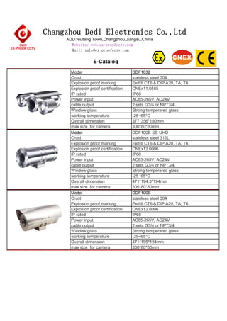 Changzhou Dedi Electronics Co.,Ltd
ADD:Niutang Town,Changzhou,Jiangsu,China 
Website: www.ex-proofcctv.com
Mail: sale@ex-proofcctv.com
E-Catalog
Model DDF1032
Crust stainless steel 304
Explosion proof marking Exd II CT6 & DIP A20, TA, T6
Explosion proof certification CNEx11.0585
IP rated IP68
Power input AC85-265V, AC24V
cable output  2 sets G3/4 or NPT3/4
Window glass Strong temperared glass
working temperature -25~65°C
Overall dimension 377*356*180mm
max size  for camera 300*80*80mm
Model DDF100B-SS-UHD
Crust stainless steel 316L
Explosion proof marking Exd II CT6 & DIP A20, TA, T6
Explosion proof certification CNEx12.0006
IP rated IP68
Power input AC85-265V, AC24V
cable output  2 sets G3/4 or NPT3/4
Window glass Strong temperared glass
working temperature -25~65°C
Overall dimension 471*194.3*194mm
max size  for camera 300*80*80mm
Model DDF100B
Crust stainless steel 304
Explosion proof marking Exd II CT6 & DIP A20, TA, T6
Explosion proof certification CNEx12.0006
IP rated IP68
Power input AC85-265V, AC24V
cable output  2 sets G3/4 or NPT3/4
Window glass Strong temperared glass
working temperature -25~65°C
Overall dimension 471*195*194mm
max size  for camera 300*80*80mm
 