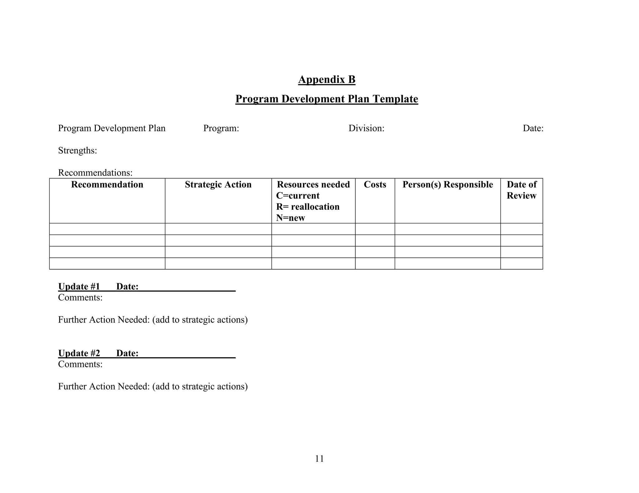 11
Appendix B
Program Development Plan Template
Program Development Plan Program: Division: Date:
Strengths:
Recommendations:
Recommendation Strategic Action Resources needed
C=current
R= reallocation
N=new
Costs Person(s) Responsible Date of
Review
Update #1 Date:____________________
Comments:
Further Action Needed: (add to strategic actions)
Update #2 Date:____________________
Comments:
Further Action Needed: (add to strategic actions)
 